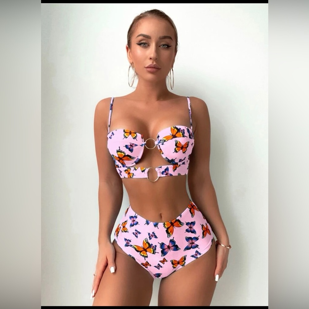 Butterfly Print Ring Linked Push Up Bikini Swimsuit